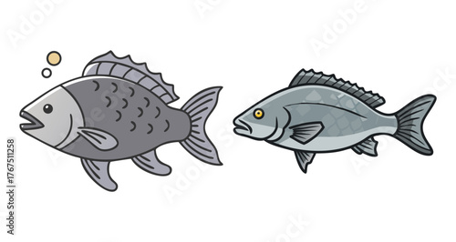 Two fish illustrations with bubbles and detailed fins