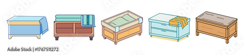 Montage of images depicting finances and furniture including money and a chest