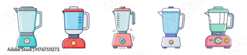 Collection of five colorful kitchen blenders displayed together