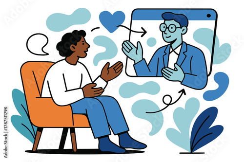 Virtual Therapy Connection. Virtual therapy session. A person sitting in a cozy space with a holographic AI