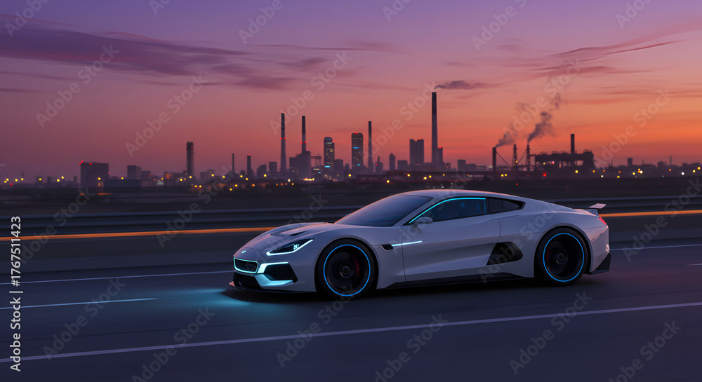 Fototapeta premium Stunning white sports car speeding on highway at dusk with city skyline silhouette and dramatic sunset, luxury lifestyle