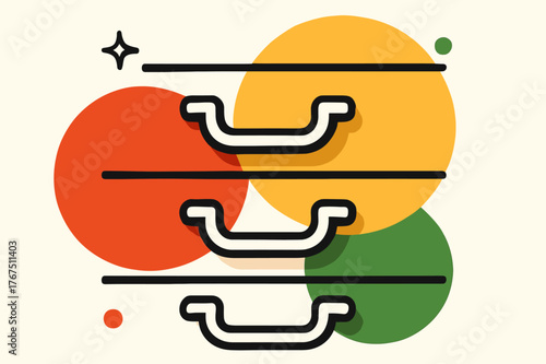 Geometric Dresser Handles. Drawer detail. A straight-on view of dresser handles arranged in symmetry, shining