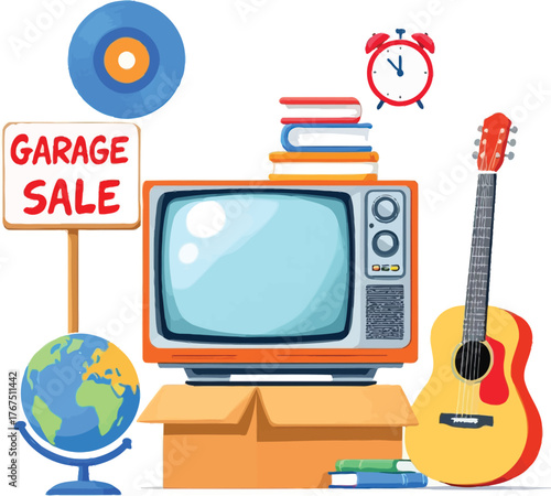 Garage sale icon set with vintage TV, guitar, books, globe, alarm clock, and sign in colorful hand-drawn style