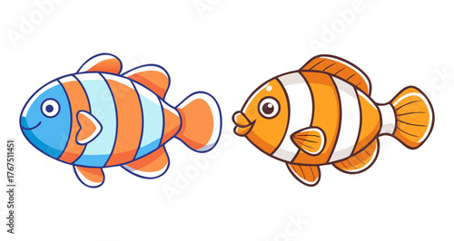 Cute orange and blue clownfish swimming together cartoon style
