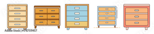 Multiple chests of drawers displaying various designs and colors