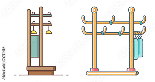 Two wooden coat racks with hooks and storage shelves