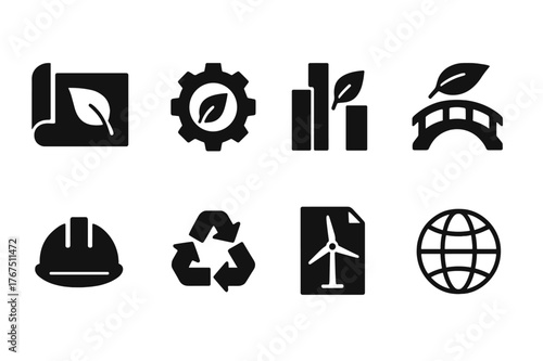 Sustainable Engineering Icons. Sustainable engineering. Filled icon set of sustainable engineering: blueprint,