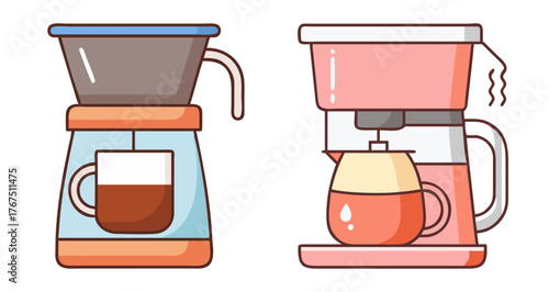 Two stylish coffee makers brewing fresh coffee into cups