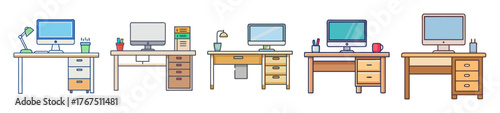 Various computer desk setups showing different office furniture designs