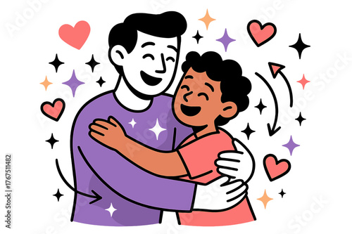 Warm Hug Connection. Bonding time. A glowing parent and child hugging with floating hearts, stars, and arrows