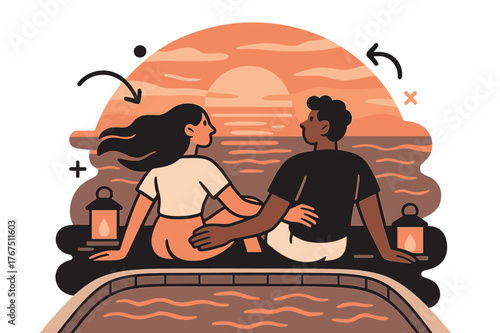 Sunset Pool Relaxation. Sunset chill. A couple sitting by the pool watching the orange sky reflect in the calm