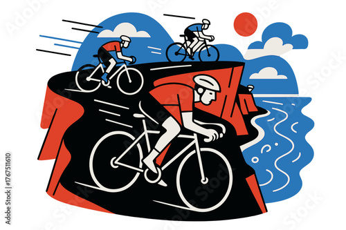 Cliffside Cycling Adventure. Coastal road cycling. Riders speed along high cliffs above turquoise waves, wind