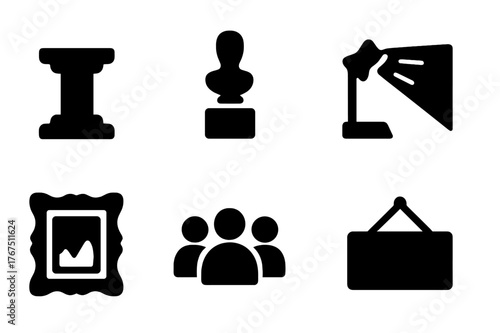 Exhibition Icon Set. Exhibition. Filled icon set of Exhibition: pedestal, sculpture, spotlight, gallery wall,