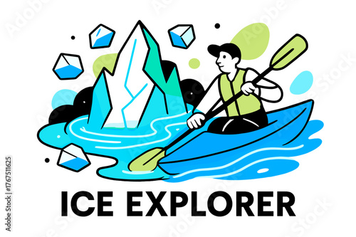 Neon Ice Kayaker. Icebergs. Character kayaking near glowing abstract iceberg with floating neon water trails