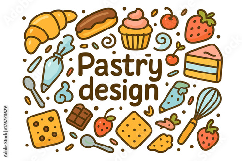 Pastry Doodle Delight. Pastry design. Hand-drawn doodle illustration of Pastry design. Croissant, eclair,