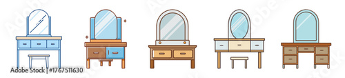 Five different styles of dressing tables with mirrors and drawers