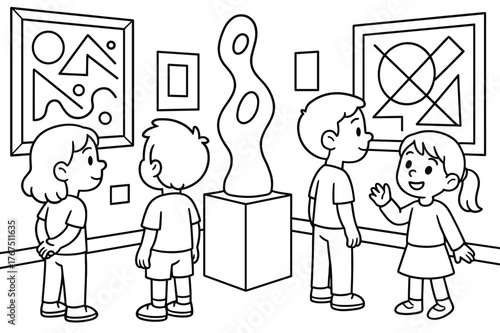 Kids at Art Museum. Modern art museum children?s coloring book illustration, outlined drawing, kids viewing