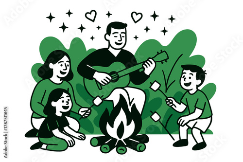 Family Bonfire Harmony. Evening bonfire BBQ. Family gathers around a firepit roasting marshmallows, dad in