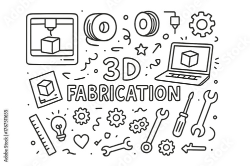 3D Fabrication Doodles. 3D Fabrication. Hand-drawn doodle illustration of 3D Fabrication. 3D printer, printed