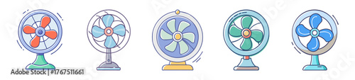 Variety of small electric fans in different colors displayed side by side