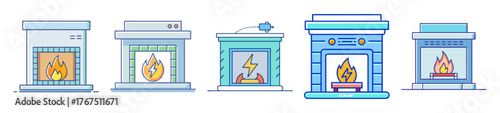Collection of electric fireplace icons with realistic flame effect