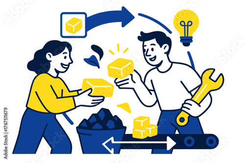 Glowing Bricks Exchange. Circular economy. Mining waste transformed into glowing bricks and tools, conveyor