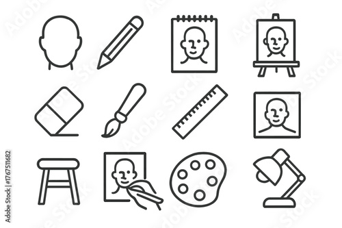 Portrait Drawing Icons. Portrait drawing. Line outline icon set of portrait drawing: face outline, pencil,