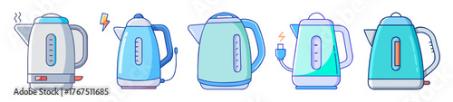 Collection of five modern electric kettles in various colors
