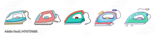 Assorted electric irons with steam features and colorful designs