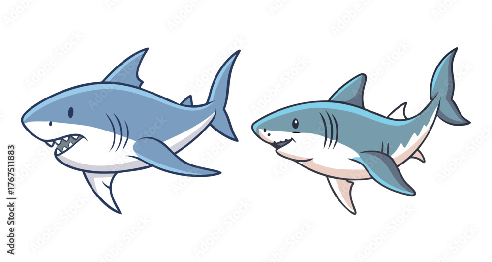 Fototapeta premium Two great white sharks cartoon style ocean predators aquatic life