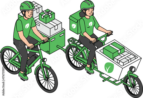 Eco-Friendly Bike Delivery Couriers. Isometric Vector of Electric Cargo Bikes 