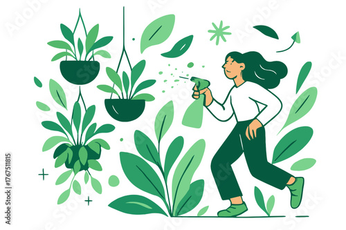 Dynamic Vertical Garden. Vertical gardening. Hanging planters cascade down a bright wall. A person gently