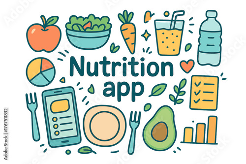 Colorful Nutrition Doodle. Nutrition app. Hand-drawn doodle illustration of nutrition app. Apple, salad bowl,
