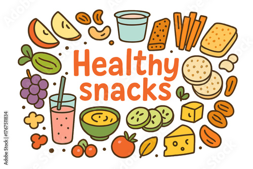 Healthy Snack Doodles. Healthy snacks. Hand-drawn doodle illustration of Healthy snacks. Apple slices, nuts,
