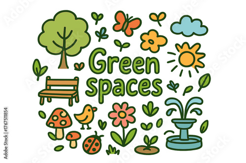 Green Spaces Doodle. Green spaces. Hand-drawn doodle illustration of Green spaces. Tree, bench, flower, grass,