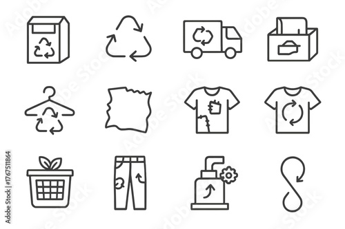 Clothing Recycling Icons. Recycling clothes. Line outline icon set of recycling clothes: clothing bin, recycle