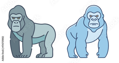 Two cartoon gorillas depicted standing side by side one grey and one blue