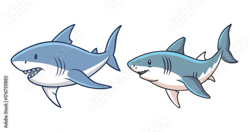 Two great white sharks cartoon style ocean predators aquatic life