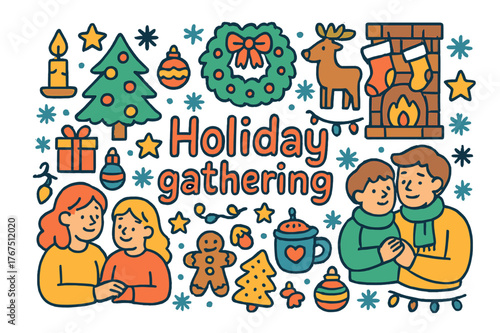 Festive Family Gathering. Holiday gathering. Hand-drawn doodle illustration of Holiday gathering. Family