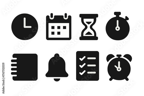 Time Management Icons. Time management. Filled icon set of Time management: clock, calendar, hourglass,