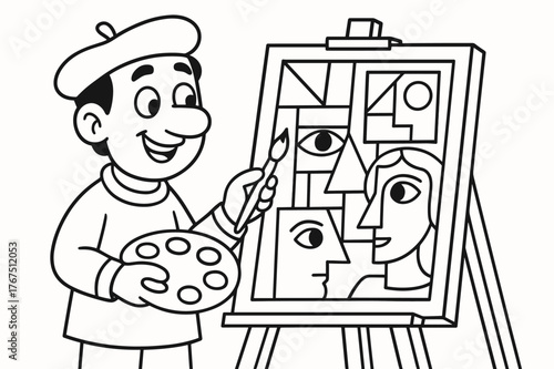 Cubist Coloring Fun. Cubism children?s coloring book illustration, outlined drawing, cartoon artist making