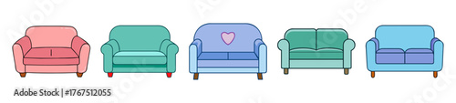 Variety of colorful loveseats arranged side by side for home decor