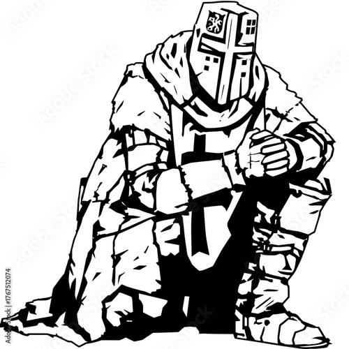 Knight in armor kneeling praying silhouette icon illustration