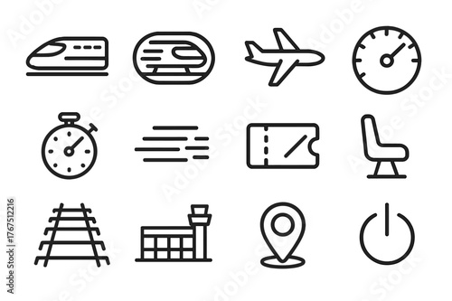 High-Speed Travel Icons. High-speed travel. Line outline icon set of high-speed travel: bullet train,