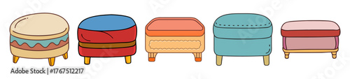 Collection of five colorful ottoman footstools in various designs