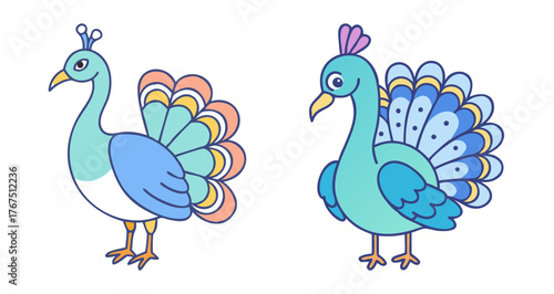 Two adorable cartoon peacocks displaying their colorful plumes