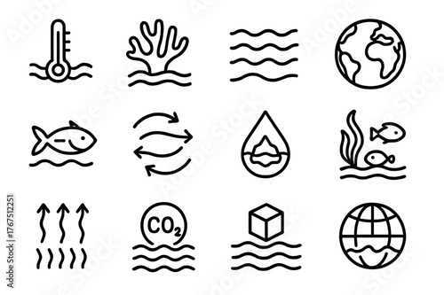Ocean Warming Icons. Ocean warming. Line outline icon set of ocean warming: thermometer in waves, coral