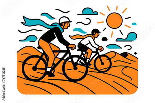 Desert Cycling Adventure. Desert cycling adventure. Bikers pedal across endless dunes under a bright sun,