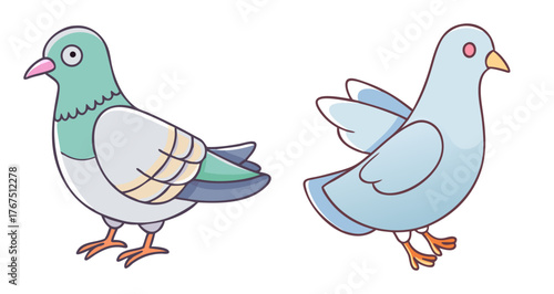 Two detailed black and white graphic drawings of pigeons side by side showcasing their plumage and form