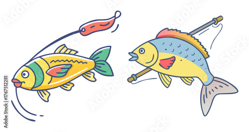 Two colorful cartoon perch fish underwater fishing fun scene art